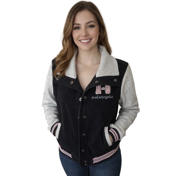 Harley-Davidson Jackets & Blazers - Harley-Davidson Womens Varsity Bomber Jacket Black Pink Embroidered‎ Logo XL